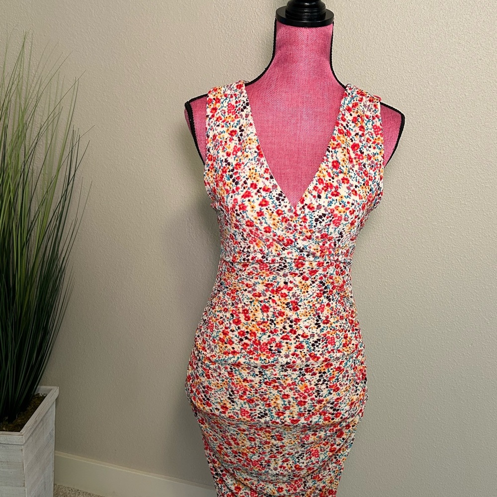Leith Multicolor Floral V-Neck Midi Dress